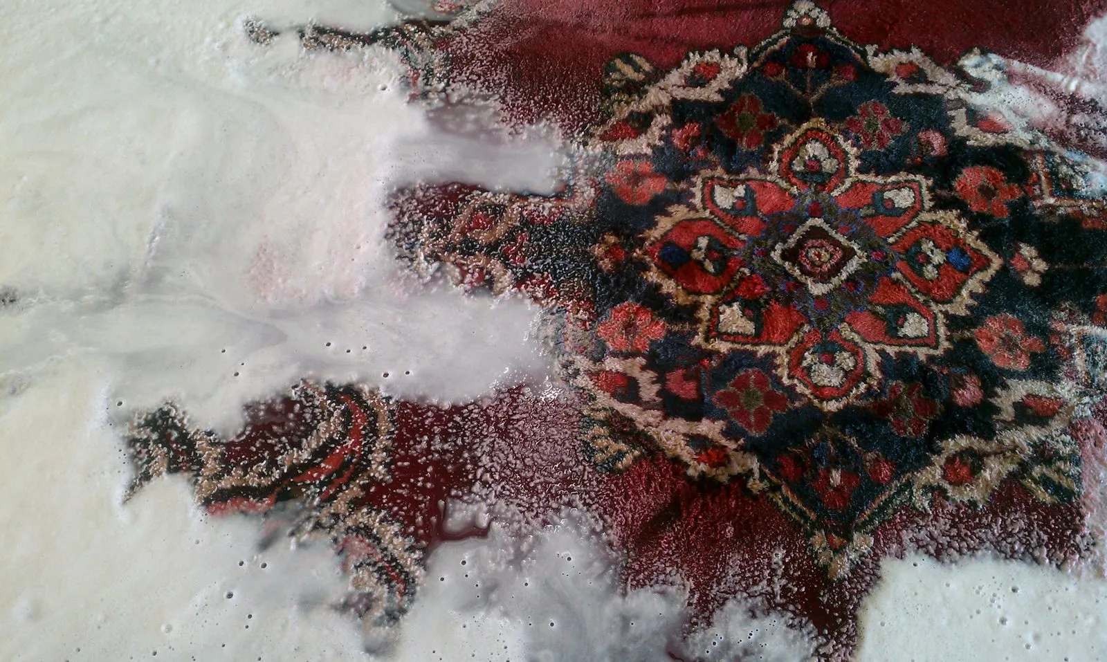 Oriental rug laid flat and covered in cleaning suds during a full immersion wash